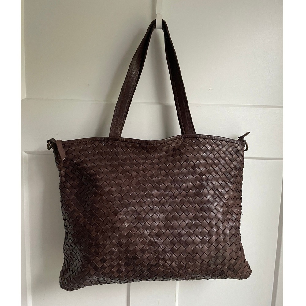 Valentina Made in Italy Woven Brown 100% Leather Bag Convertible Tote Crossbody